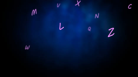 Digital-animation-of-multiple-purple-alphabets-floating-over-glowing-blue-background