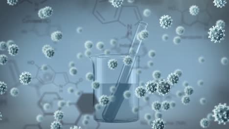 Animation-of-covid-19-cells-over-chemical-compound-structures-and-test-tube-in-beaker
