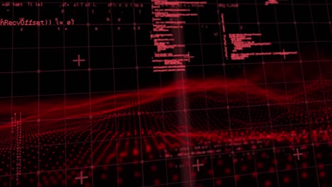 Animation-of-data-processing-with-red-glowing-mesh-over-grid-on-black-background