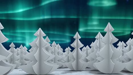 Animation-of-green-and-blue-aurora-borealis-lights-moving-over-white-fir-trees