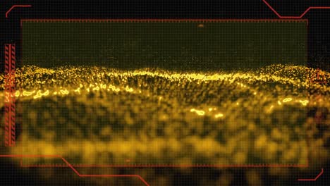 Animation-Eines-Roten-Rahmens-Mit-Markierungen-über-Einem-Abstrakten,-Wellenförmigen-Netz-Mit-Goldenen-Flecken