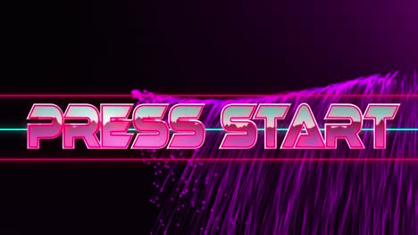 Animation-of-press-start-text-in-pink-metallic-letters-over-explosion-of-purple-light-trails
