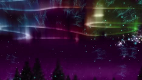 Animation-of-green,-pink-and-blue-aurora-borealis-lights-moving-over-fir-trees
