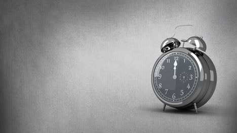 Animation-of-black-and-white-retro-alarm-clock-moving-fast-on-grey-background