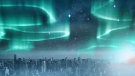 Animation-of-green-and-blue-aurora-borealis-lights-moving-over-sky-and-cityscape