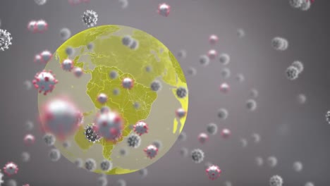 Animation-Von-3D-Covid-19-Zellen,-Die-Auf-Grauem-Hintergrund-über-Dem-Globus-Schweben