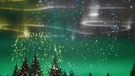 Animation-of-green-and-yellow-aurora-borealis-lights-and-fireworks-over-fir-trees