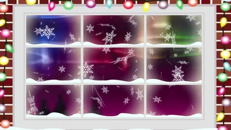 Digitale-Animation-Des-Fensterrahmens-Vor-Fallenden-Schneeflocken-Und-Bunten-Lichtspuren-über-Dem-Winter