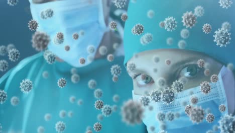 Animation-of-3d-covid-19-cells-floating-over-female-doctor-in-face-mask