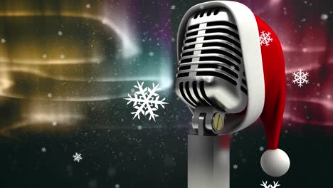 Animation-of-retro-microphone-with-santa-hat-against-aurora-borealis-lights-and-snowflakes