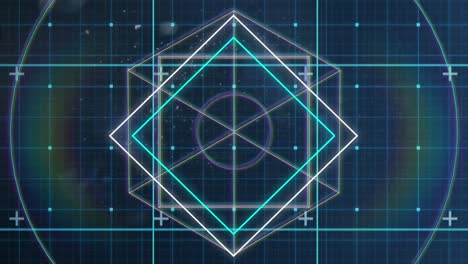 Animation-of-glowing-lines-over-geometric-figures-with-grid-on-blue
