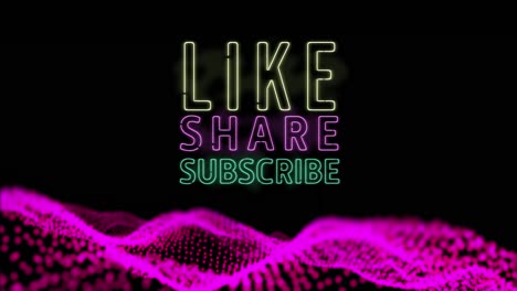 Animation-of-neon-like-share-subscribe-text-over-abstract-waving-mesh-with-pink-spots
