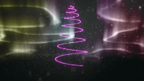 Digital-animation-of-purple-light-trail-forming-a-christmas-tree-against-colorful-light-trails-in-ni