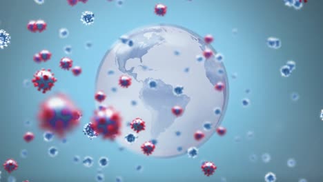 Animation-of-3d-covid-19-cells-floating-over-globe-on-blue-background