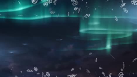 Digitale-Animation-Von-Schneeflocken,-Die-Auf-Leuchtend-Grüne-Lichtspuren-Am-Nachthimmel-Fallen