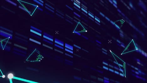 Animation-of-multiple-green-triangles-over-flashing-blue-rectangles