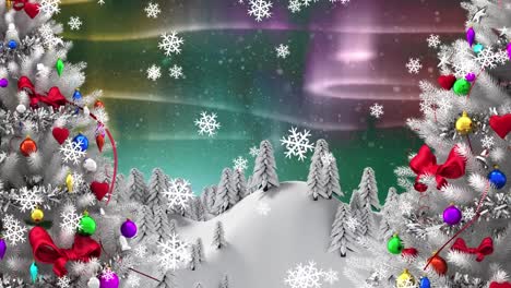 Digitale-Animation-Von-Schnee,-Der-über-Zwei-Weihnachtsbäume-In-Einer-Winterlandschaft-Fällt