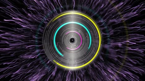 Animation-of-explosion-of-purple-light-trails-over-spinning-circles-on-black-background