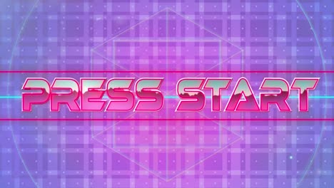 Animation-of-press-start-text-in-pink-metallic-letters-over-gradient-abstract-pattern