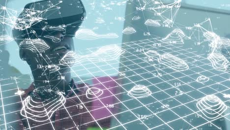 Animation-of-man-wearing-virtual-reality-headset-against-grid-with-map-lines