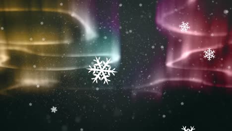 Digitale-Animation-Von-Schneeflocken-Und-Leuchtenden-Sternen,-Die-Auf-Bunte-Lichtspuren-Auf-Schwarzem-Hintergrund-Fallen