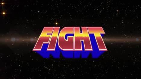 Animation-of-fight-text-in-red,-yellow-and-blue-letters-over-glowing-spotlights-and-stars