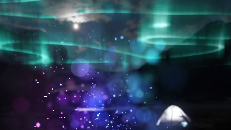 Digitale-Animation-Der-Flamme-Von-Lichtflecken-Vor-Bunten-Lichtspuren-Am-Nachthimmel