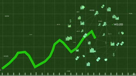 Digital-animation-of-green-graph-moving-against-network-of-finance-icons-on-green-background