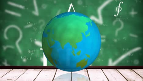 Digitale-Animation-Eines-Globus,-Der-Sich-über-Einer-Holzoberfläche-Dreht,-Vor-Mathematischen-Gleichungen-Auf-Der-Grünen-Rückseite