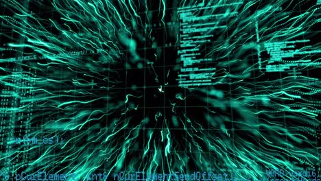 Animation-Von-Blauen-Lichtspuren-über-Die-Datenverarbeitung-Auf-Grünem-Gitter