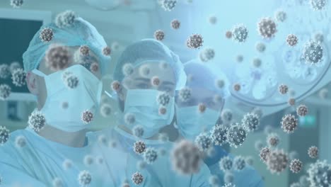 Animation-of-3d-covid-19-cells-floating-over-doctors-wearing-face-masks