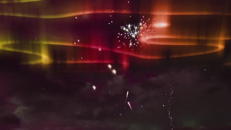 Digitale-Animation-Von-Feuerwerkskörpern,-Die-über-Leuchtenden-Lichtspuren-Am-Nachthimmel-Explodieren
