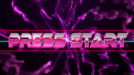 Animation-of-press-start-text-in-pink-metallic-letters-over-explosion-of-purple-light-trails