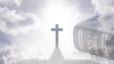 Animation-of-christian-cross-and-holy-bible-with-sun-and-clouds