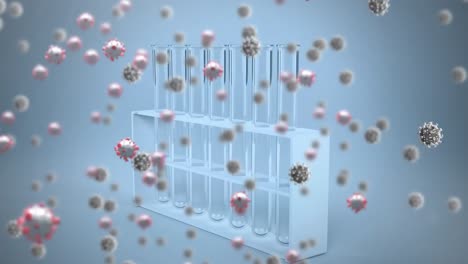 Animation-Von-Covid-19-Zellen-über-Molekülen-Und-Reagenzgläsern
