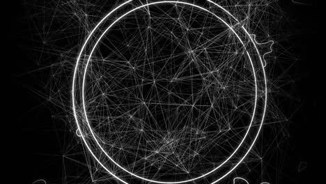 Animation-of-network-of-connections-spinning-over-circle-outlines-on-black-background