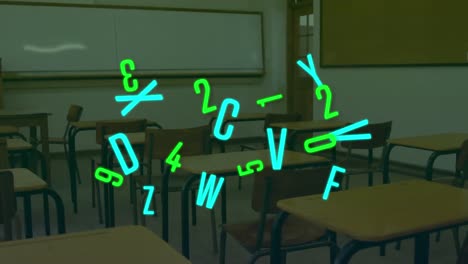 Digitale-Komposition-Aus-Mehreren-Wechselnden-Neonzahlen-Und-Alphabeten,-Die-Sich-Vor-Einem-Leeren-Klassenzimmer-Bewegen