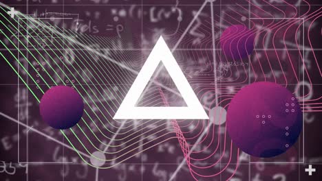 Digital-animation-of-abstract-shapes-moving-against-mathematical-equations-on-purple-background