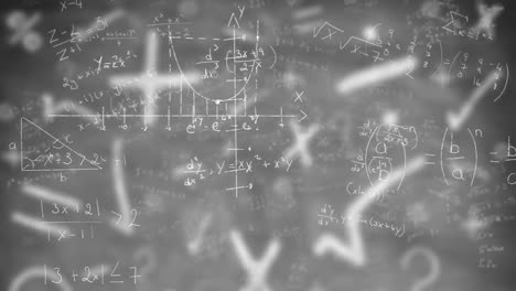 Digital-animation-of-mathematical-equations-floating-against-symbols-on-grey-background