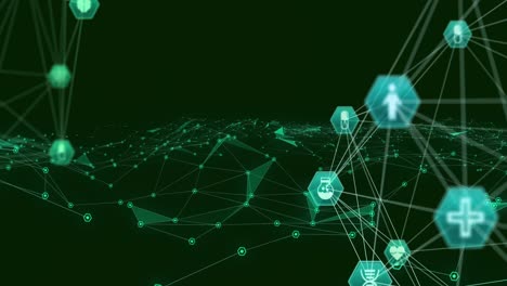 Animation-of-networks-of-connections-with-icons-over-green-background