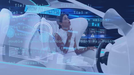 Digital-composition-of-data-processing-against-woman-driving-futuristic-car-against-light-trails-on-