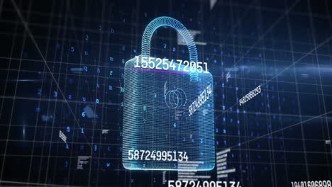 Digital-animation-of-multiple-changing-numbers-against-security-padlock-icon-on-blue-background