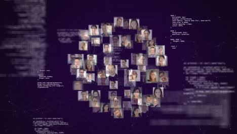 Animation-of-globe-with-network-of-photos-of-people-and-data-processing-on-purple-background