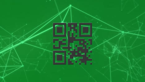 Animation-of-qr-code-with-white-network-of-connections-on-green-background
