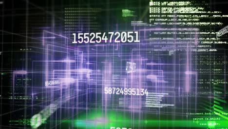 Digitale-Animation-Der-Datenverarbeitung-Und-Sich-ändernder-Zahlen-Vor-Violetten-Lichtspuren-Auf-Grünem-Hintergrund