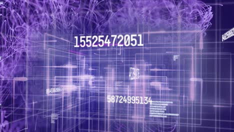 Animation-of-numbers-changing-and-data-processing-over-explosion-of-purple-light-trails