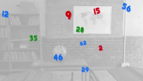 Digitale-Komposition-Aus-Mehreren-Bunten-Zahlen,-Die-Vor-Einem-Leeren-Klassenzimmer-Im-Hintergrund-Schweben