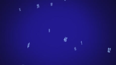 Digitale-Animation-Mehrerer-Zahlen-Und-Symbole,-Die-Vor-Blauem-Hintergrund-Fallen