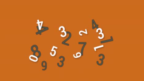 Digital-animation-of-grey-and-white-changing-numbers-floating-against-orange-background