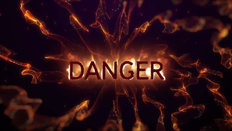 Animation-of-glowing-danger-text-in-orange-flames-over-explosion-of-orange-light-trails